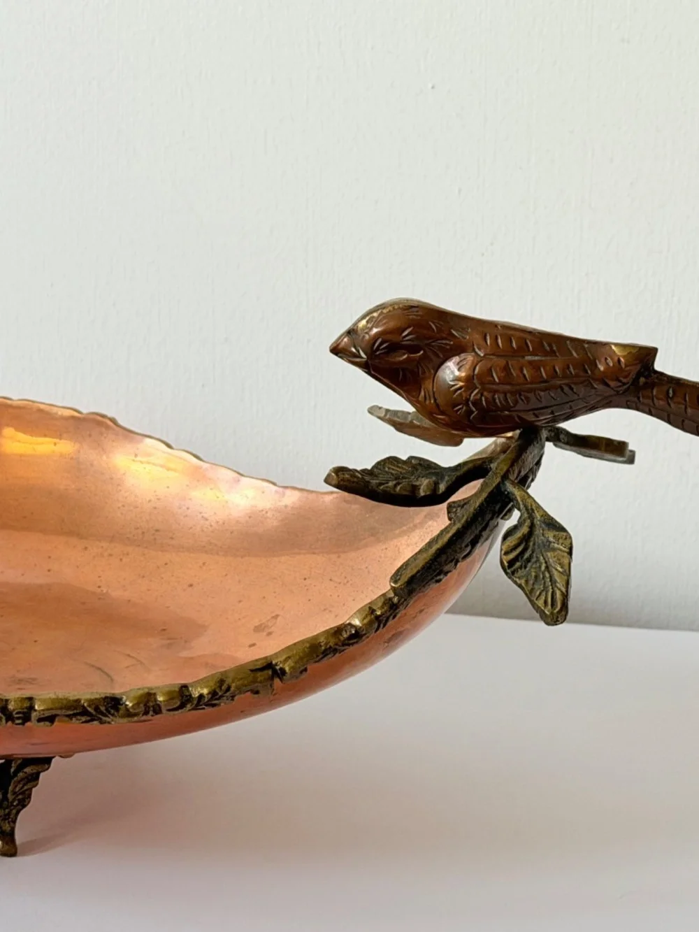 Vintage Copper and Brass Footed Tray Bowl Bird Handles Possibly made in Mexico